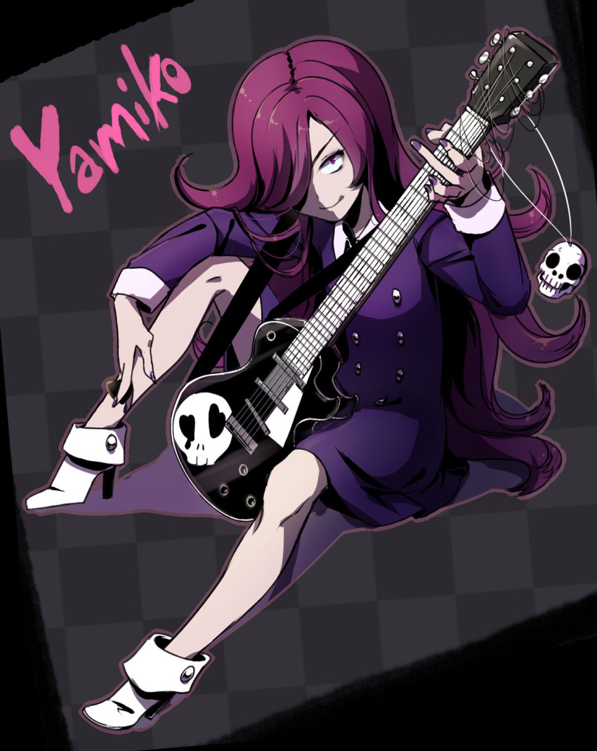 1girl, bad_id, bad_pixiv_id, character_name, dress, female_focus, gakkou_no_kowai_uwasa:_hanako-san_ga_kita!!, galibo, guitar, highres, instrument, long_hair, purple_eyes, purple_hair, sitting, skull, solo, very_long_hair, yamiko-san