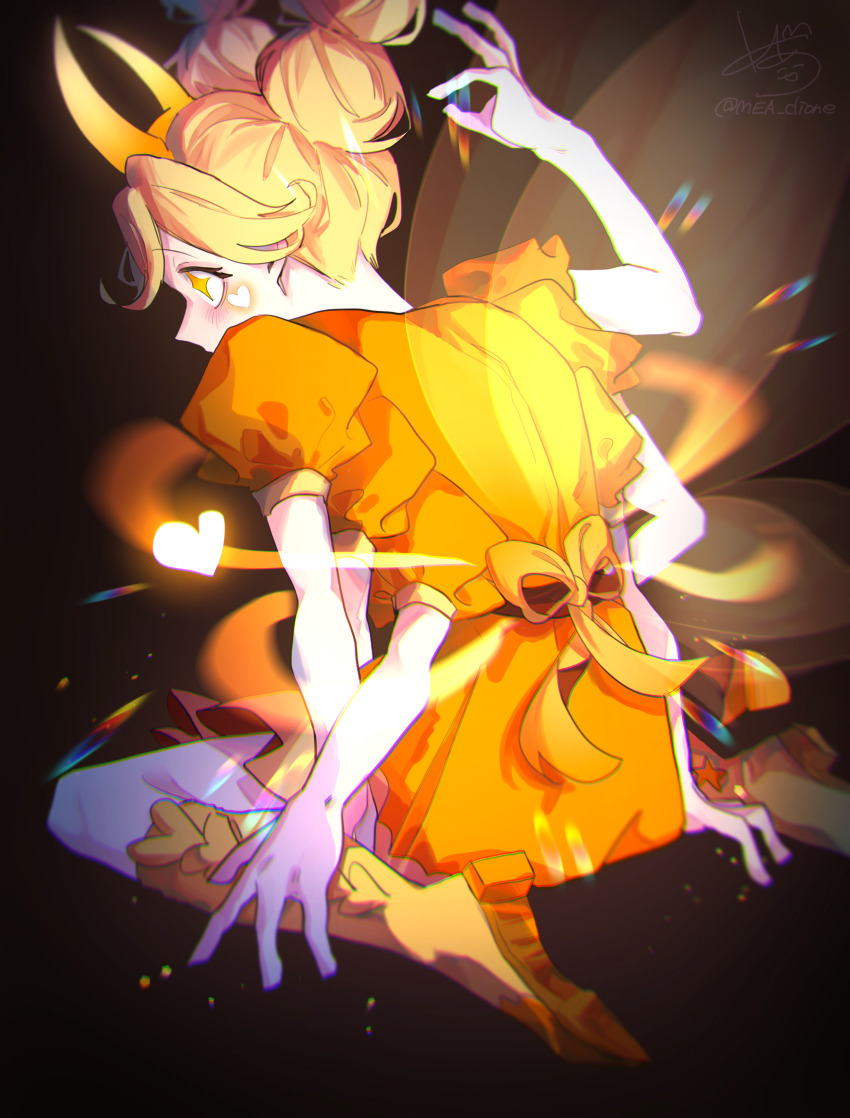 1girl, absurdres, blonde_hair, boots, bow, dress, extra_arms, facial_mark, fairy_wings, fake_horns, golden_star_butterfly, hairband, heart, heart_cheeks, heart_facial_mark, highres, horn_hairband, horned_headwear, horns, marking_on_cheek, markings_on_cheeks, mea_mewni, solo, star_butterfly, star_vs_the_forces_of_evil, wings