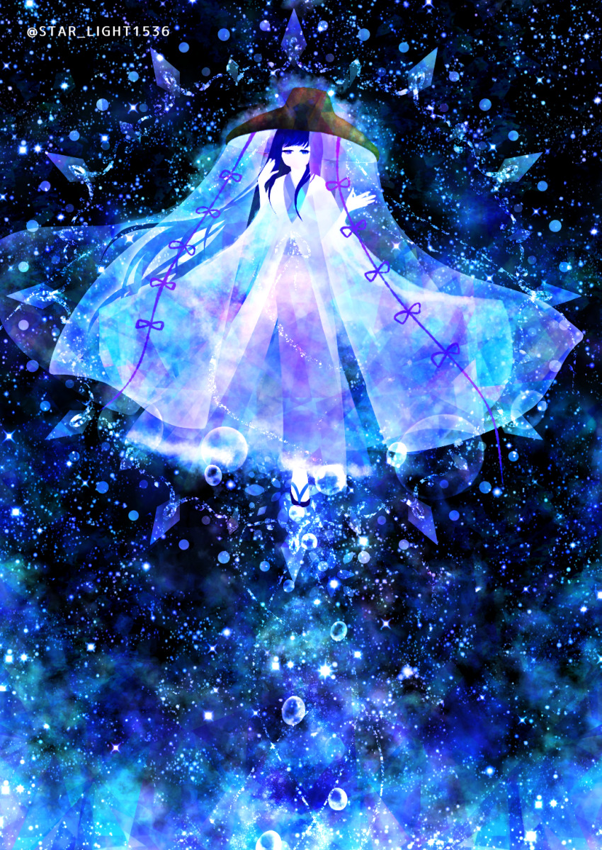 1girl, blue_eyes, blue_theme, cool_colored, flaired_sleeves, floating, geta, glowing_crystal, highres, ichimegasa, japanese_clothes, kimono, monochrome, no_mouth, obi, original, ribbon, sash, star_(sky), surreal, veil, wakusei_habuti, white_kimono