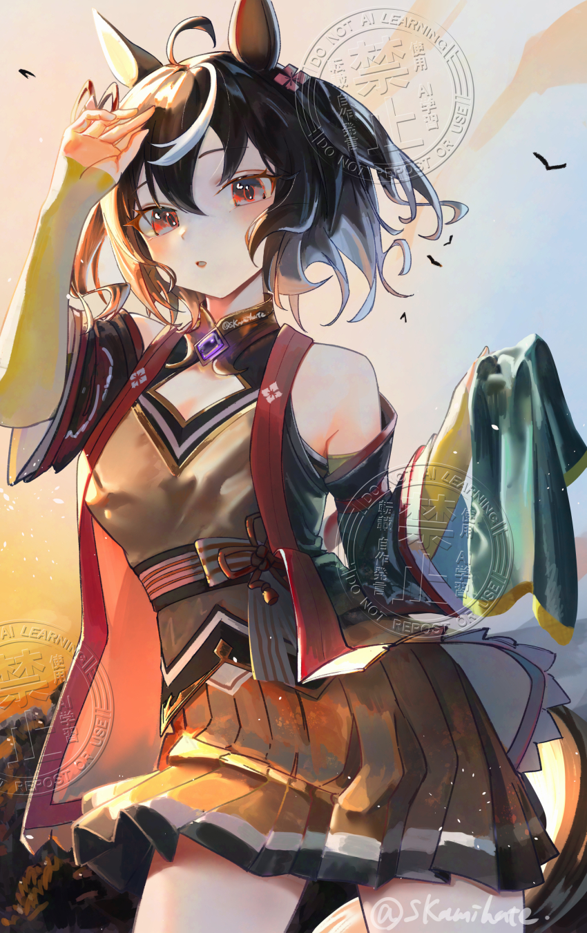 1girl, absurdres, animal_ears, arm_warmers, black_hair, black_sleeves, blush, brown_kimono