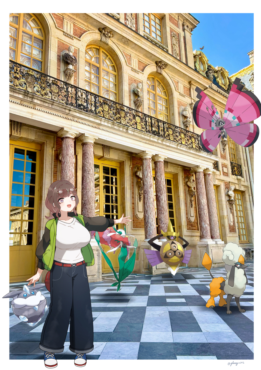 1girl, absurdres, aegislash, bag, blue_shoes, blue_sky, border, breasts