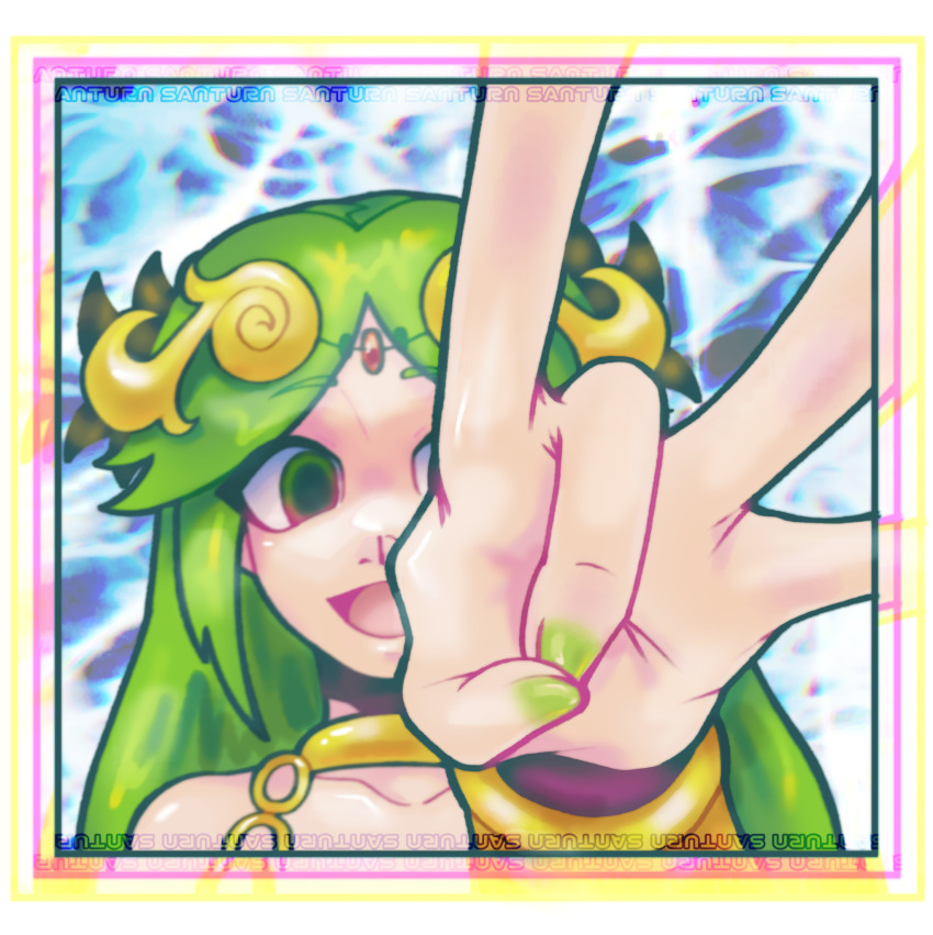 1girl, chain, circlet, collarbone, flick, gold_chain, gold_choker, green_eyes, green_hair, highres, kid_icarus, kid_icarus_uprising, looking_at_viewer, nail_polish, nintendo, open_mouth, palutena, santurn, solo, watermark