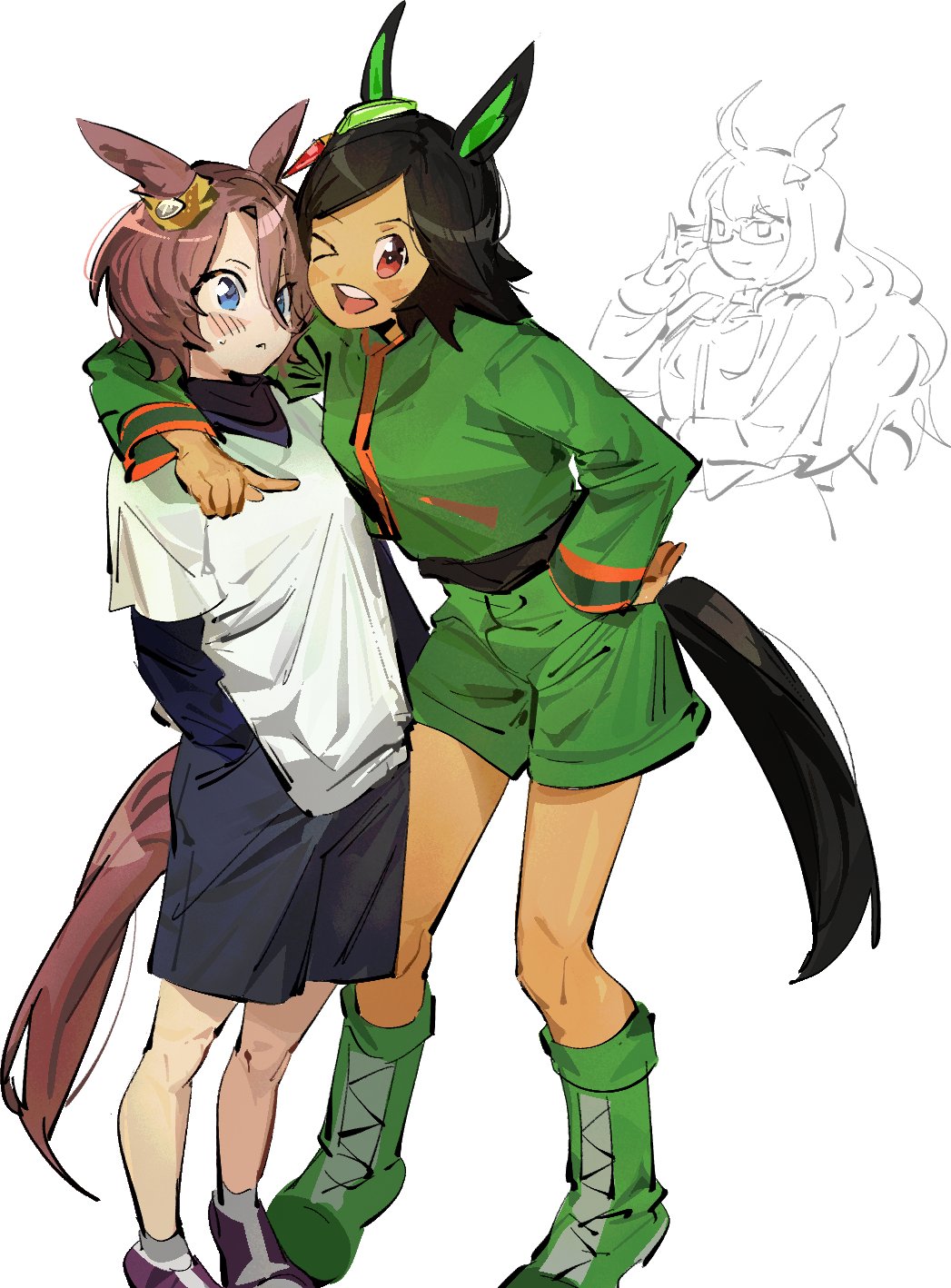 3girls, animal_ears, biwa_hayahide_(umamusume), black_hair, black_shirt, black_shorts, blue_eyes, blush