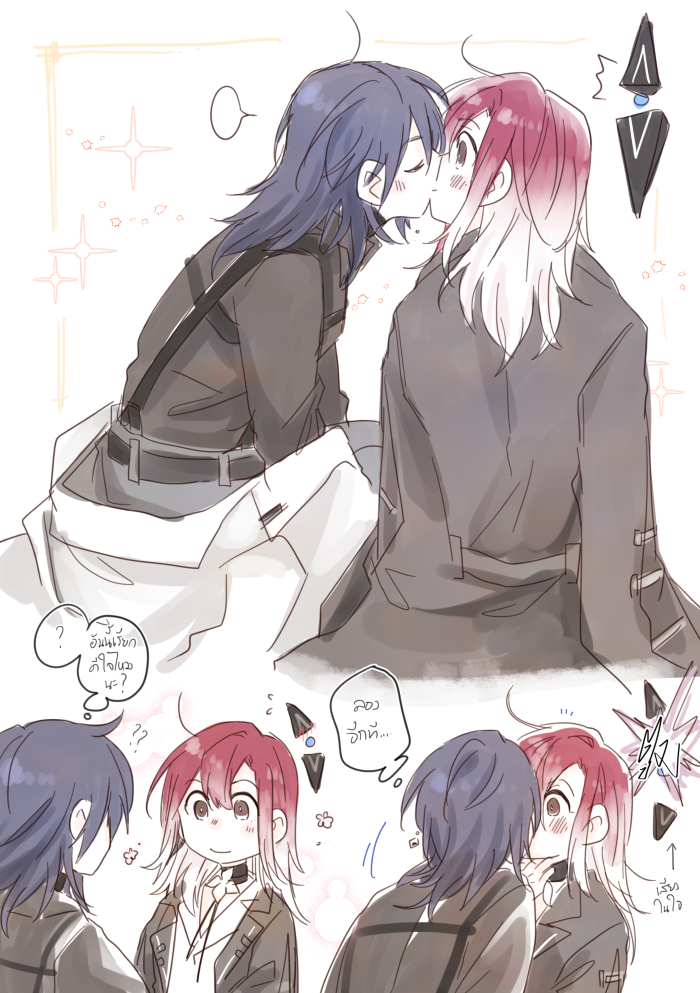 2girls, black_hair, black_jacket, black_shirt, blush, brown_eyes, chief_(path_to_nowhere), closed_eyes, coat, collared_shirt, commentary_request, female_chief_(path_to_nowhere), gradient_hair, hangdok, jacket, kiss, korean_text, long_hair, multicolored_hair, multiple_girls, path_to_nowhere, purple_hair, schorl_(path_to_nowhere), shalom_(path_to_nowhere), shirt, sparkle, speech_bubble, thai_commentary, thought_bubble, translation_request, white_coat, white_hair, white_shirt, yuri