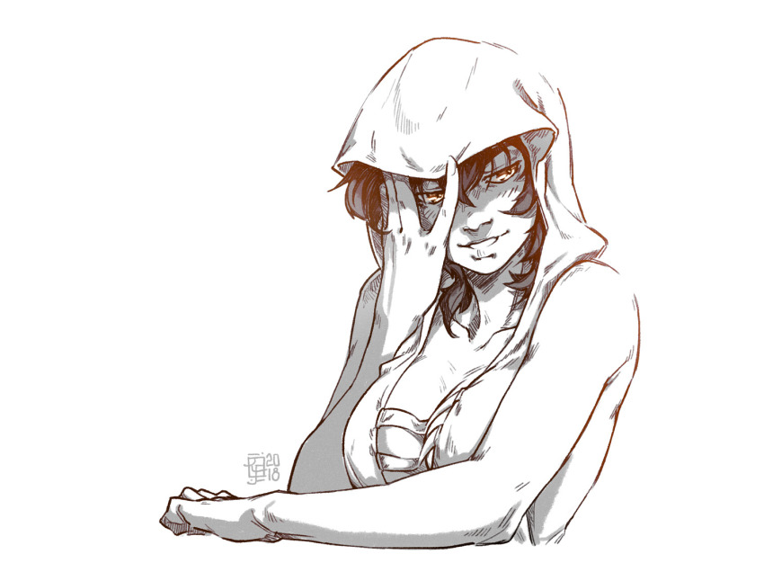 1girl, artist_logo, averting_eyes, blush, breast_curtains, breasts, circe_(e.y.e:_divine_cybermancy), cleavage