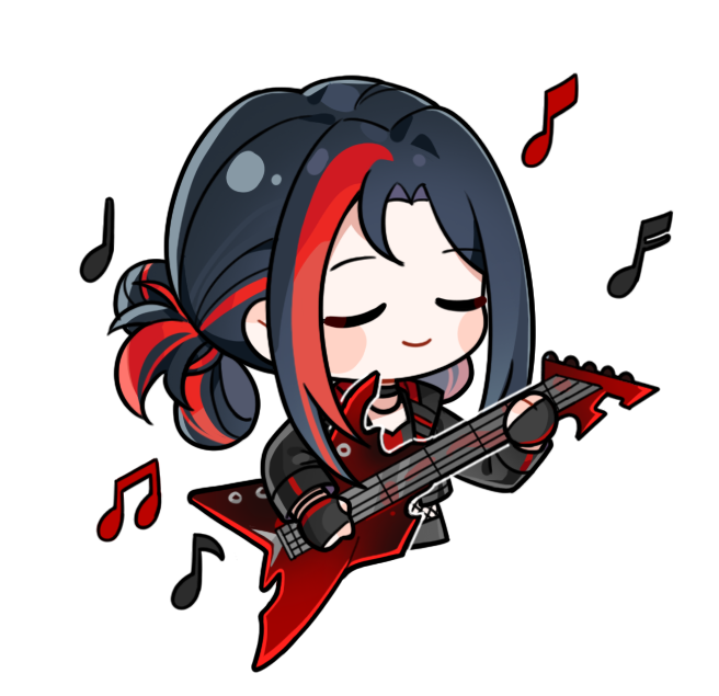 1girl, artist_request, black_choker, black_gloves, black_hair, black_jacket, black_shirt, black_skirt, blush_stickers, choker, closed_eyes, closed_mouth, collared_jacket, counterflow_concerto_(infinity_nikki), crop_top, cropped_legs, electric_guitar, fingerless_gloves, fishnets, gloves, guitar, hair_rings, happy, hat, infinity_nikki, instrument, jacket, leather, leather_jacket, long_sleeves, multicolored_hair, music, musical_note, neck, nikki_(series), official_art, open_clothes, open_jacket, peaked_cap, playing_guitar, playing_instrument, punk, red_hair, red_shirt, shirt, sidelocks, skirt, smile, solo, sticker_(medium), streaked_hair, transparent_background, two-tone_hair, two-tone_shirt