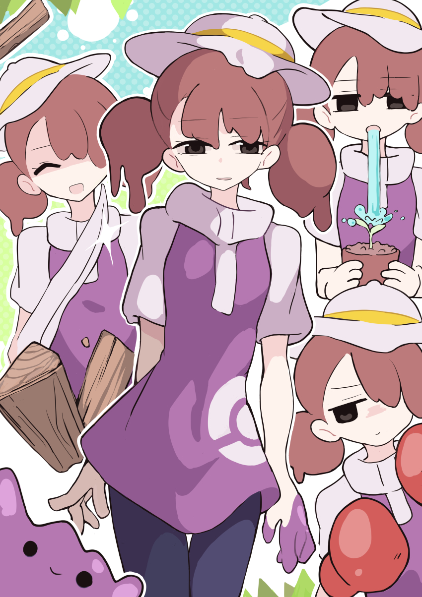 ._., 1girl, absurdres, black_eyes, blade_arm, boxing_gloves, brown_hair, closed_eyes