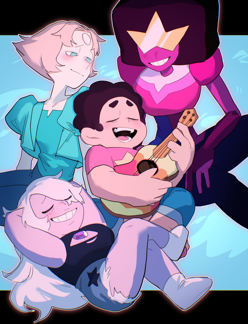 1boy, 3girls, absurdres, afro, amethyst_(steven_universe), black_hair, breasts, child