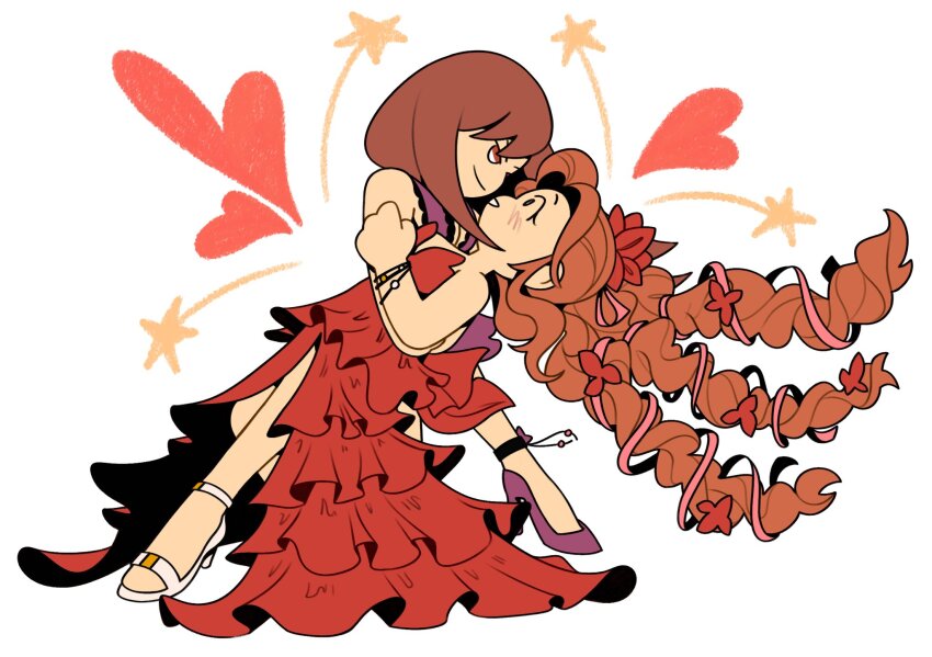 2girls, aerith_gainsborough, aerith_gainsborough_(red_dress), arms_around_another's_waist, back_bow, bare_shoulders, blush, bow