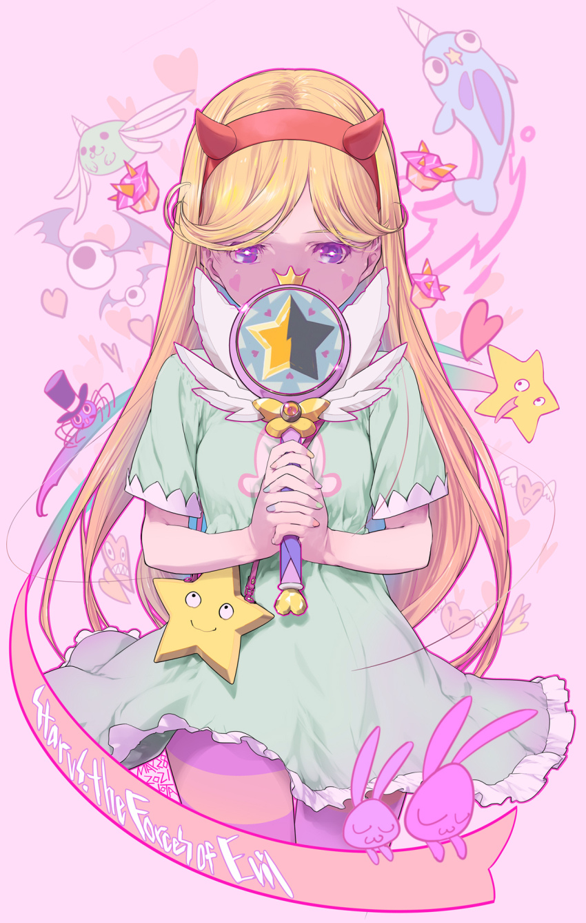 1girl, animification, aqua_dress, blonde_hair, dress, facial_mark, fake_horns, hairband