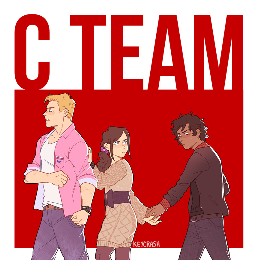 1girl, 2boys, belt, black_jacket, black_sash, black_shirt, blonde_hair, breast_pocket