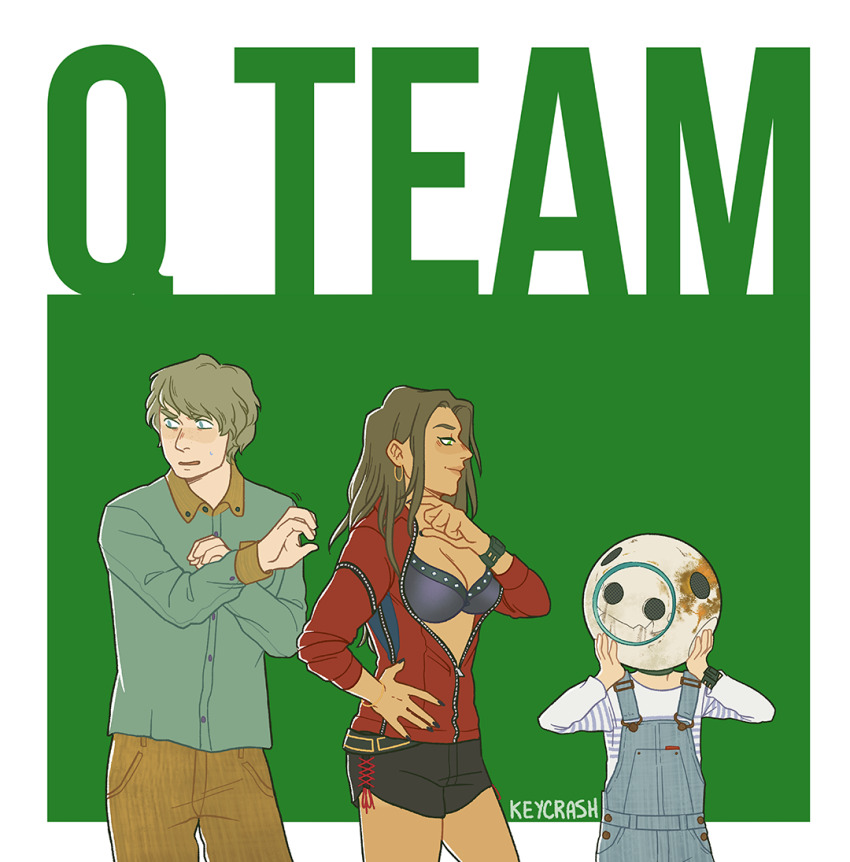 1girl, 2boys, artist_name, black_bra, black_nails, black_shorts, blue_overalls, border