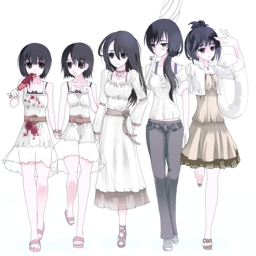 5girls, alternate_costume, bad_id, bad_pixiv_id, black_hair, boss, brown_eyes, collar