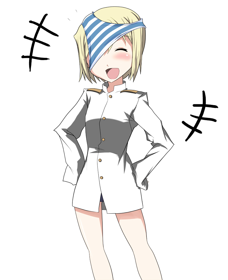 blonde_hair, cosplay, erica_hartmann, eyepatch, panties, sakamoto_mio, sakamoto_mio_(cosplay), strike_witches