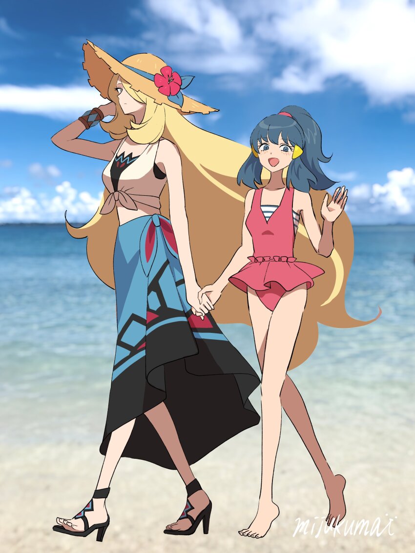 absurdres, artist_name, bare_legs, barefoot, beach, big_hair, blonde_hair, blue_eyes