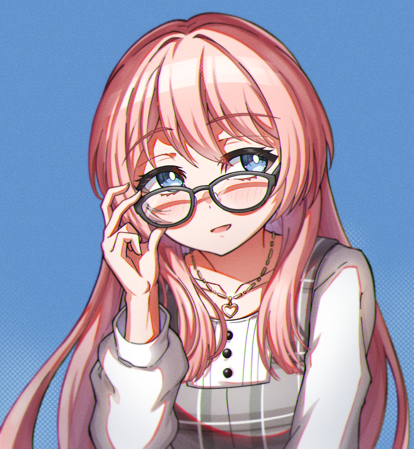 1girl, absurdres, adjusting_eyewear, bang_dream!, bang_dream!_it's_mygo!!!!!, blue_background, blue_eyes, blush