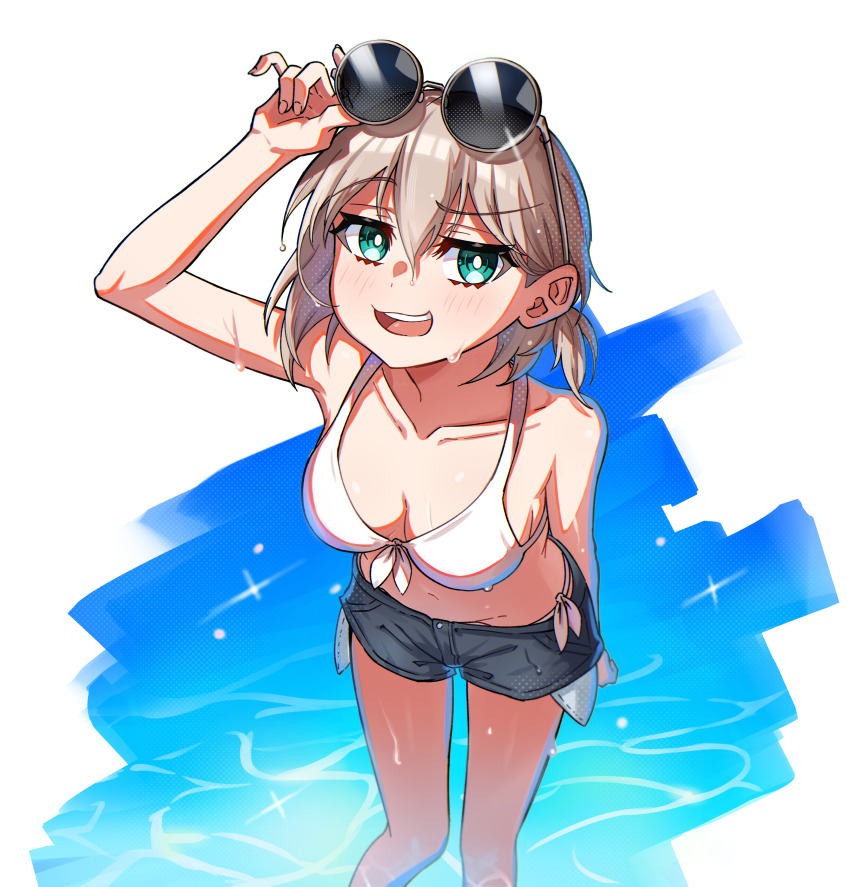 1girl, absurdres, aoba_moca, aqua_eyes, bang_dream!, bang_dream!_girls_band_party!, bikini, bikini_bottom_under_shorts