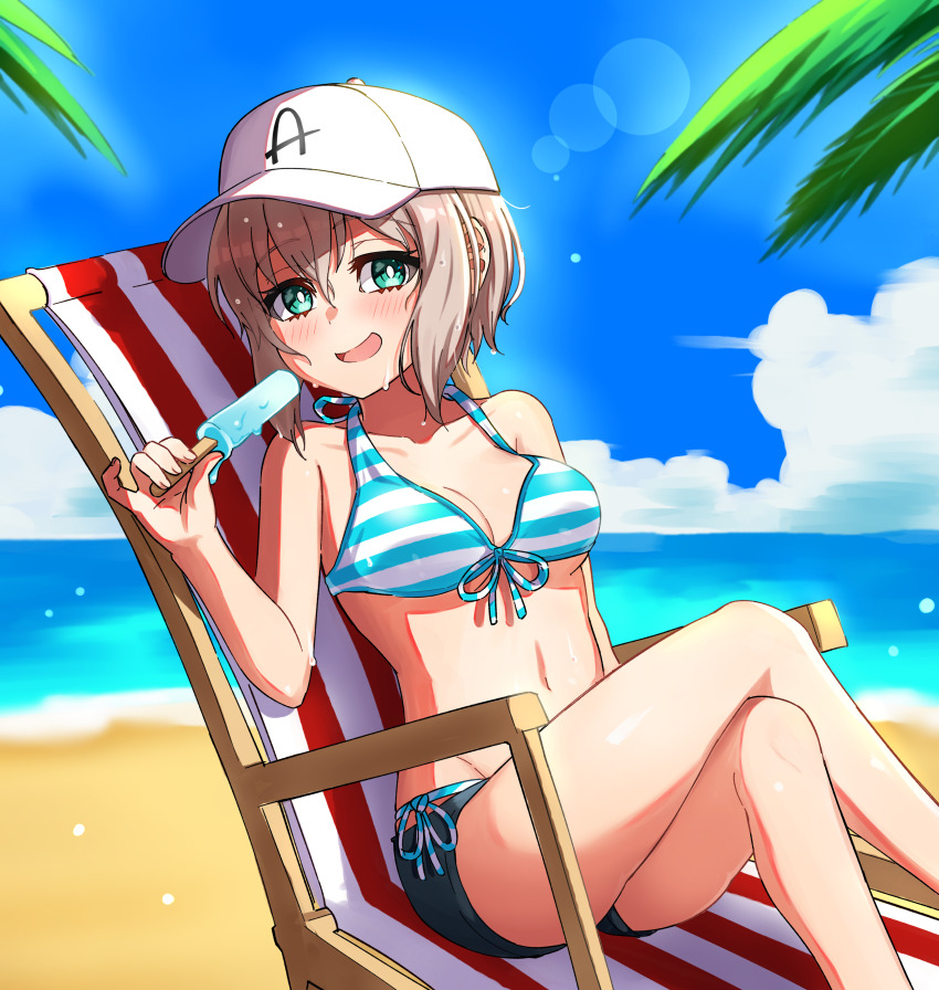 1girl, absurdres, aoba_moca, aqua_eyes, bang_dream!, bang_dream!_girls_band_party!, baseball_cap, beach