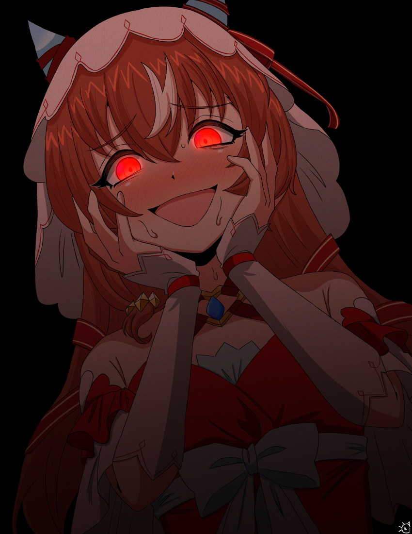 1girl, absurdres, animal_ears, black_background, color_neko, ear_covers, glowing, glowing_eyes, highres, horse_ears, horse_girl, open_mouth, simple_background, solo, still_in_love_(scarlet_vow_raiment)_(umamusume), still_in_love_(umamusume), umamusume, upper_body, veil, white_veil, yandere, yandere_trance