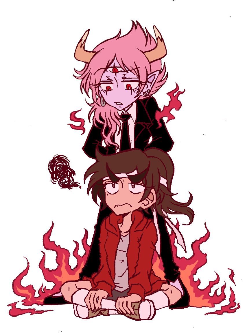 alternate_hair_length, alternate_hairstyle, brown_hair, colored_skin, demon_girl, fire, frown, genderswap