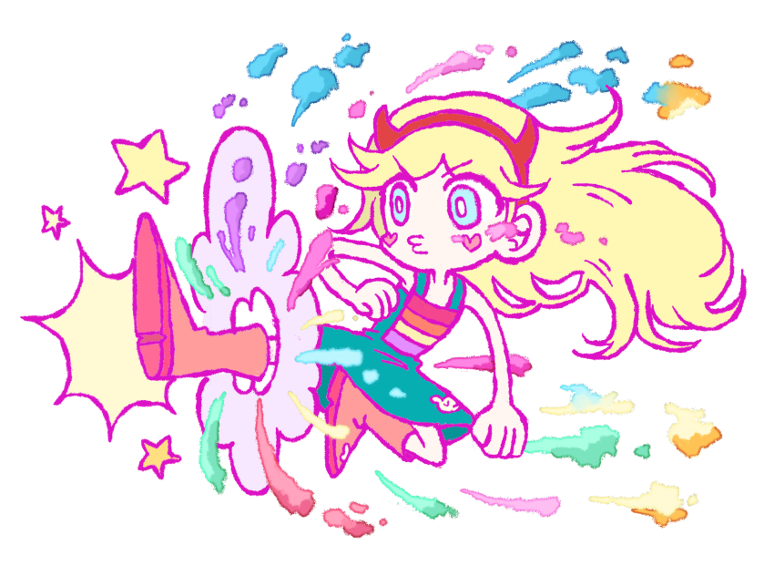 1girl, aqua_dress, blonde_hair, blue_eyes, boots, dress, facial_mark, fake_horns