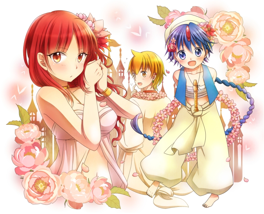2boys, aladdin_(magi), alibaba_saluja, barefoot, blonde_hair, blue_eyes, blue_hair, braid, feet, flower, flute, hair_flower, hair_ornament, instrument, kogito, long_hair, magi_the_labyrinth_of_magic, midriff, morgiana, multiple_boys, navel, red_eyes, red_hair, short_hair, single_braid, yellow_eyes