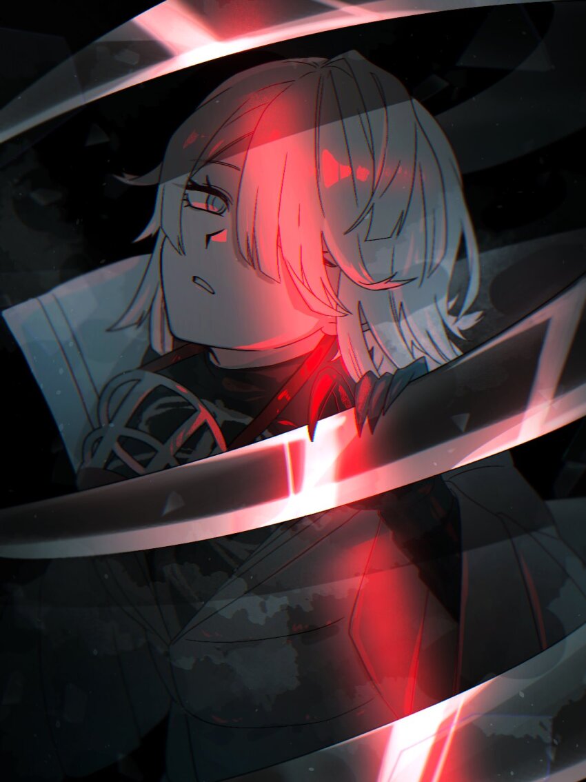 1girl, claws, eipenor, faust_(project_moon), grey_eyes, greyscale, hair_over_one_eye, highres