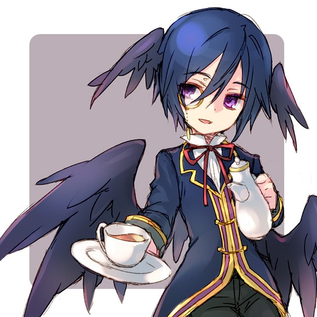 1boy, black_jacket, black_pants, blue_hair, cup, emil_chronicle_online, head_wings, holding, holding_teapot, holding_tray, jacket, monocle, open_mouth, pants, purple_eyes, red_ribbon, ribbon, shirt, shugoma_rougetsu, solo, teacup, teapot, tray, wanko_(takohati8), white_shirt, wings