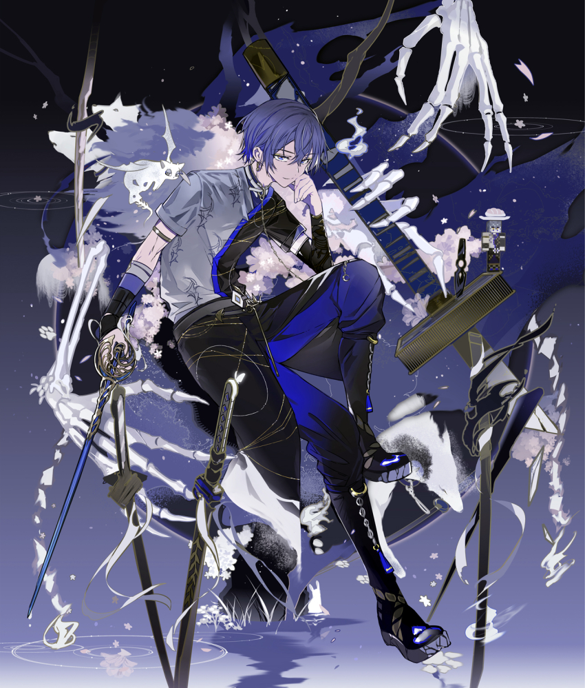 1boy, arm_guards, armlet, bat_(animal), belt, black_boots, black_pants, black_shirt