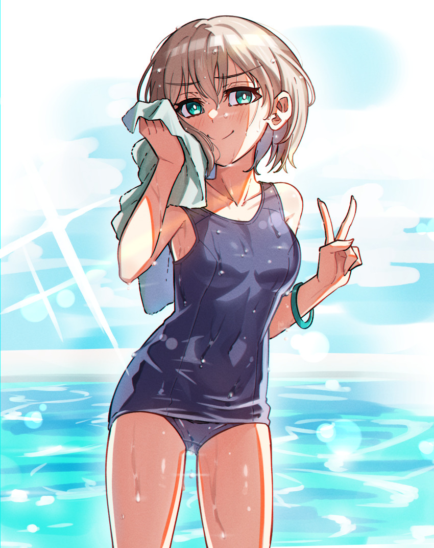 1girl, absurdres, aoba_moca, aqua_eyes, bang_dream!, bang_dream!_girls_band_party!, blue_one-piece_swimsuit, blush, bracelet, breasts, closed_mouth, collarbone, commentary, covered_navel, cowboy_shot, grey_hair, hair_between_eyes, highres, holding, holding_towel, jewelry, junji_17, medium_breasts, one-piece_swimsuit, school_swimsuit, short_hair, solo, swimsuit, towel, v, wet