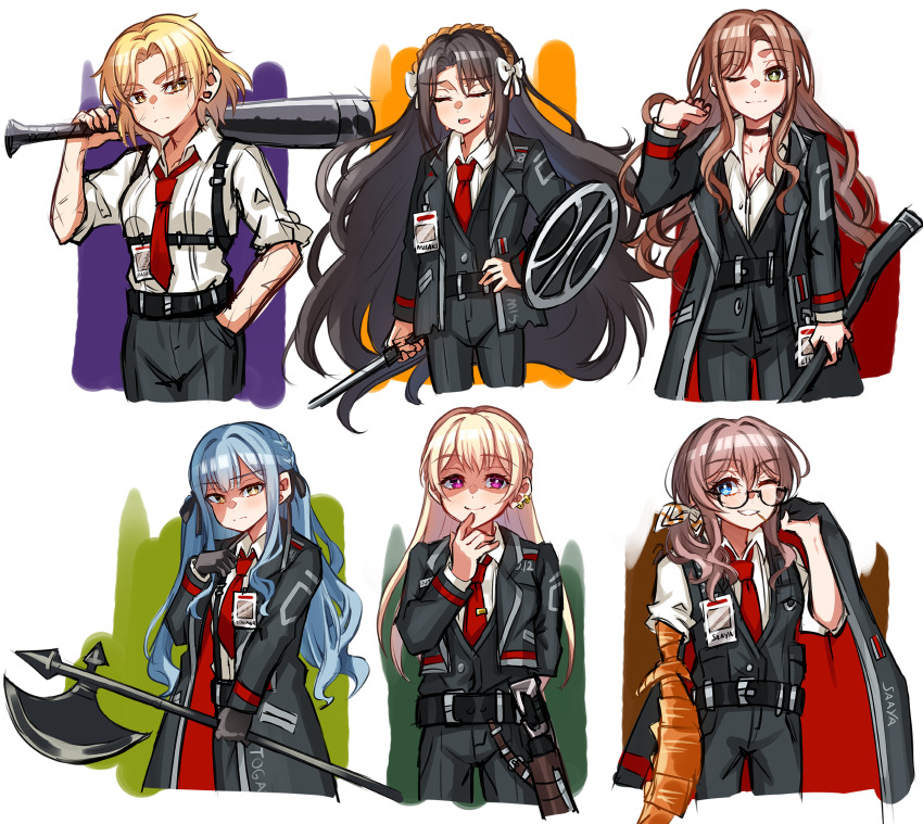 6+girls, axe, bang_dream!, bang_dream!_girls_band_party!, bang_dream!_it's_mygo!!!!!, baseball_bat, belt, black_belt