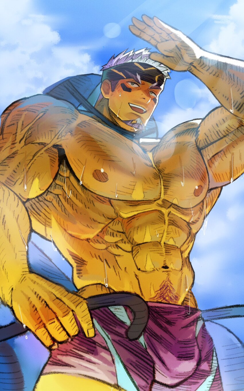 1boy, abs, bara, beach, blush, cowboy_shot, dark-skinned_male, dark_skin