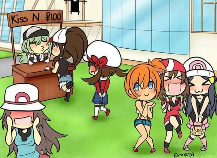 :3, :d, after_kiss, blush, dawn_(pokemon), eorii, heart, hilda_(pokemon)