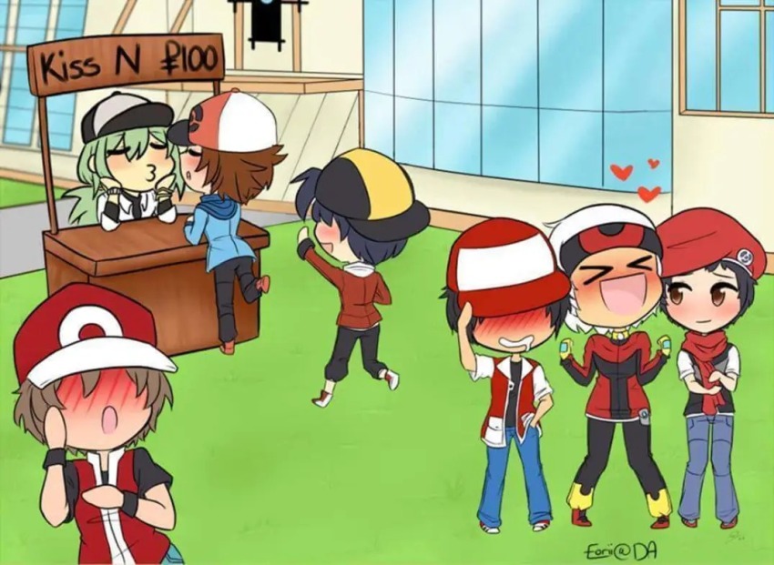 after_kiss, blush, brendan_(pokemon), eorii, ethan_(pokemon), heart, hilbert_(pokemon), kiss