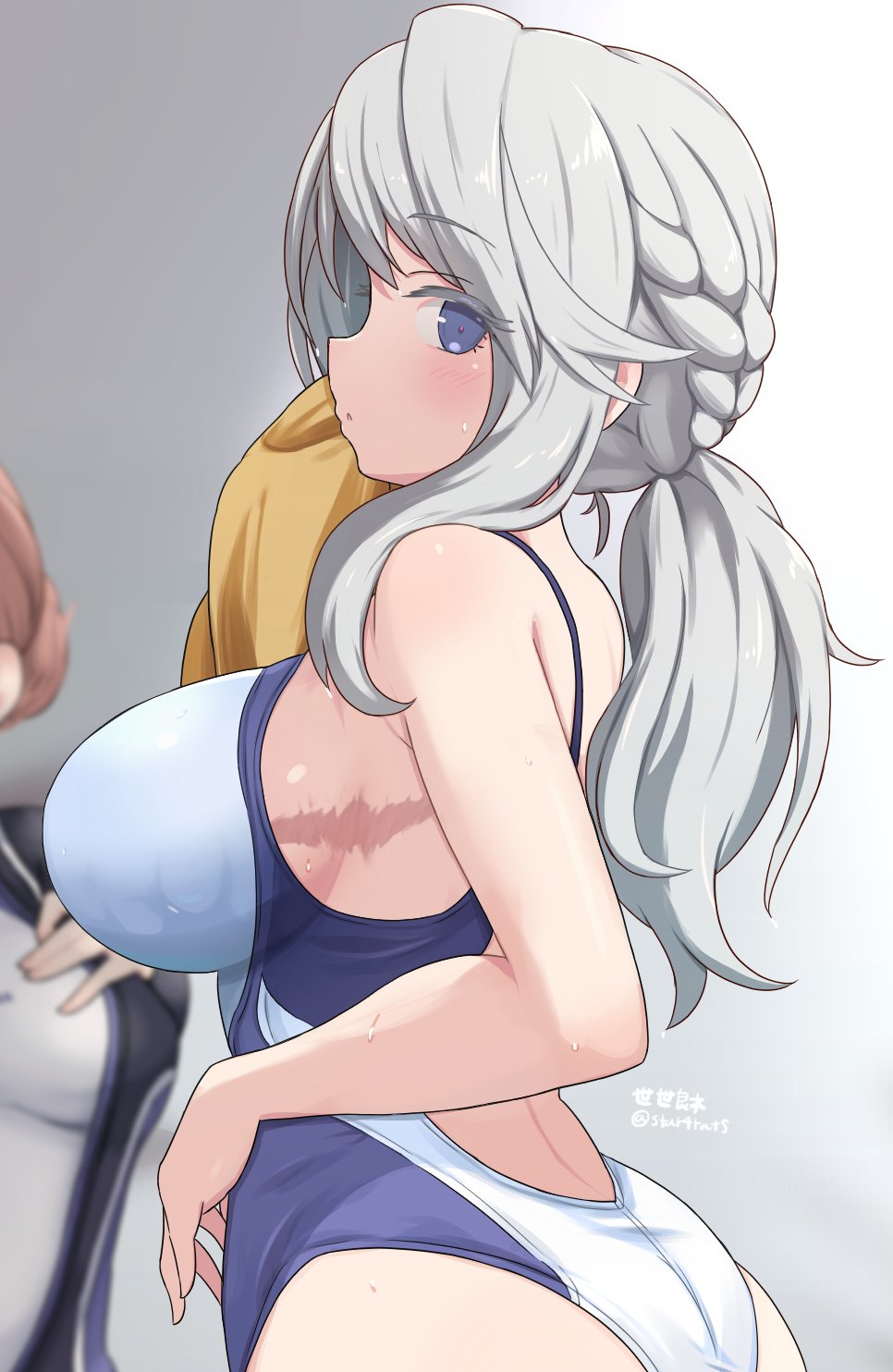 2girls, alice_gear_aegis, armpit_crease, artist_name, ass, blue_eyes, blue_one-piece_swimsuit, blurry