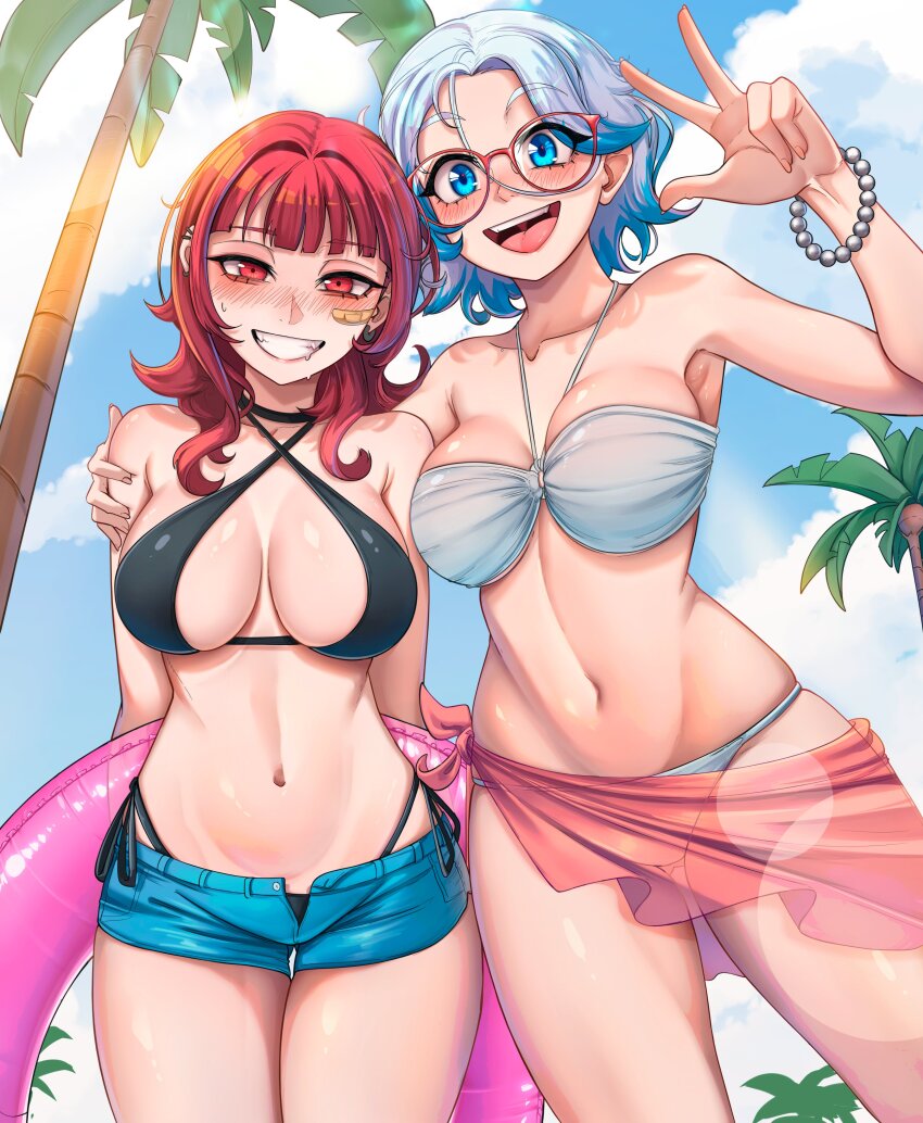 2girls, :d, absurdres, bandaid, bandaid_on_cheek, bandaid_on_face, bead_bracelet, beads