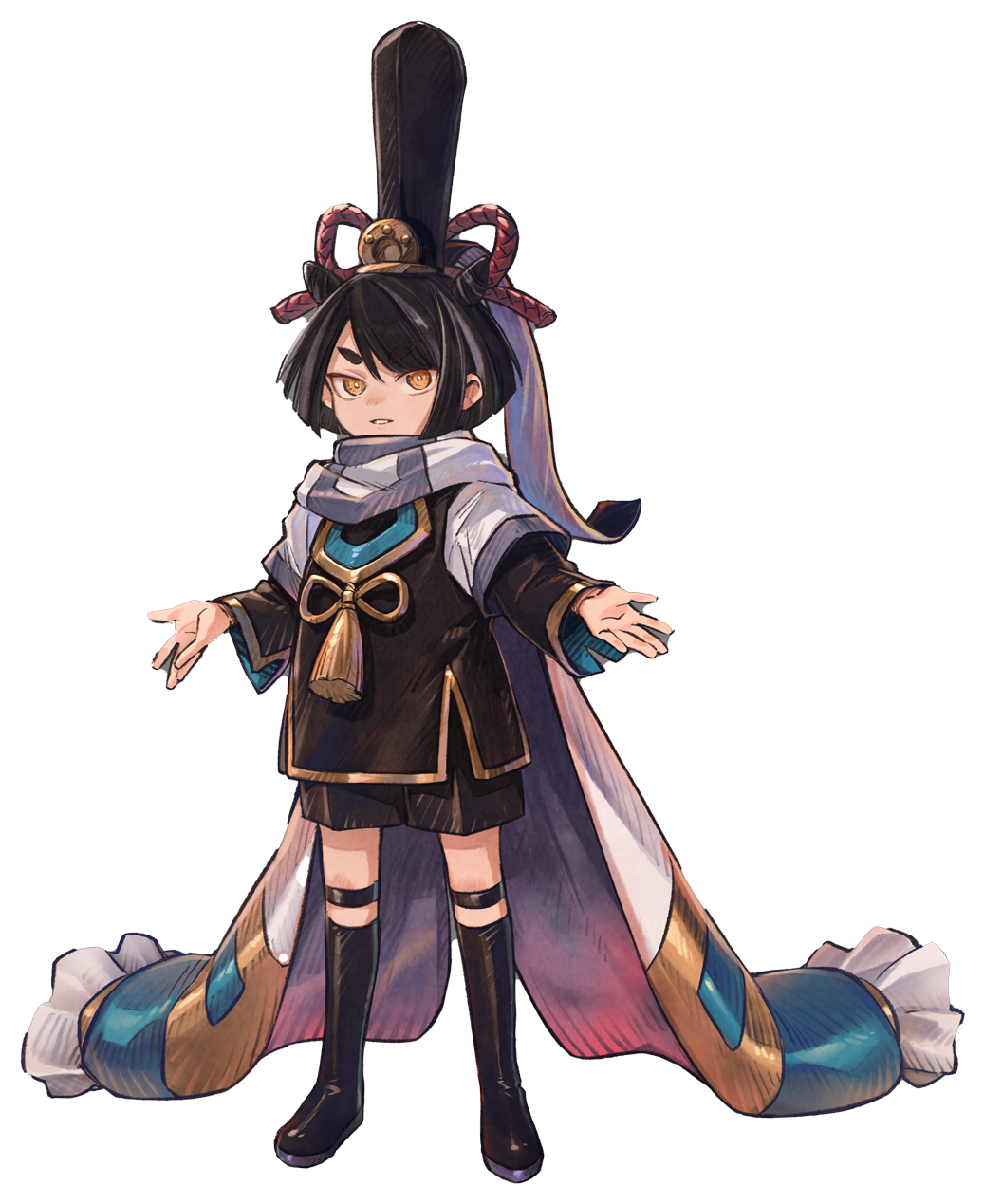 1boy, artist_request, back_slit, bandai_namco, black_boots, black_hair, black_hat, black_shirt