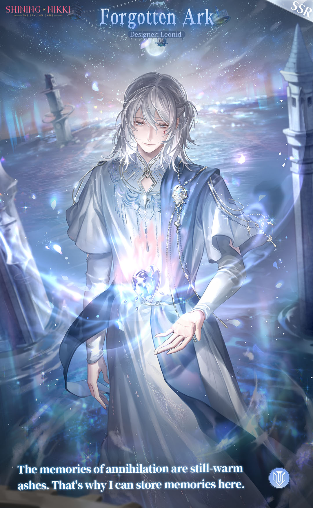 1boy, artist_request, blue_shawl, character_name, chinese_clothes, closed_mouth, cloud, commentary, copyright_name, detached_sleeves, english_commentary, english_text, feet_out_of_frame, full_moon, gem, glowing, grey_eyes, grey_hair, hair_between_eyes, hanfu, happy, highres, layered_sleeves, leonid_(shining_nikki), light_particles, lips, logo, long_sleeves, looking_at_object, male_focus, mandarin_collar, marking_on_cheek, medium_hair, moon, night, nikki_(series), ocean, official_art, outdoors, palms, petals, ruins, second-party_source, shawl, shining_nikki, short_over_long_sleeves, short_sleeves, sky, smile, solo, star_(sky), starry_sky, white_hanfu, white_sleeves