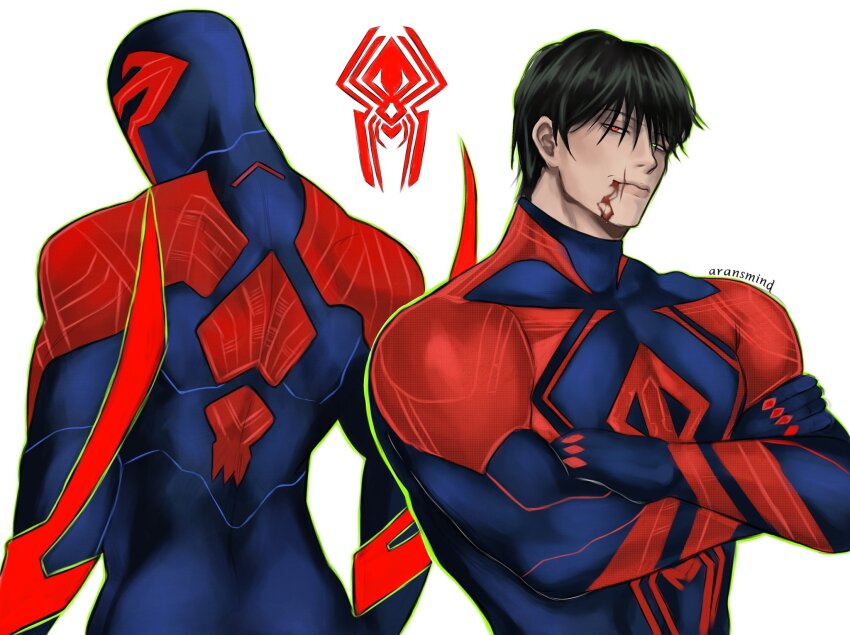 1boy, alternate_costume, aransmind, artist_name, back, black_hair, blood, blood_from_mouth