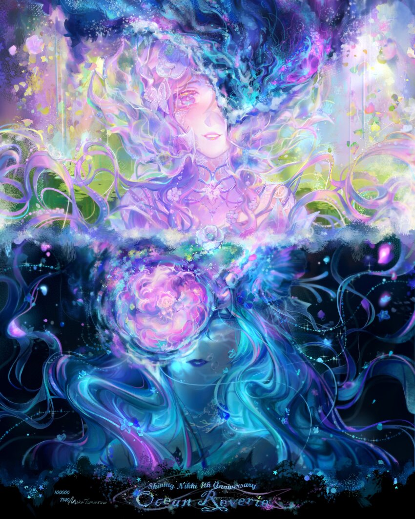 2girls, absurdres, anniversary, black_dress, blue_hair, closed_mouth, colored_eyelashes, commentary, copyright_name, dress, english_commentary, english_text, floating_hair, flower_as_hat, happy, hat, highres, jellyfish, jewelry, lipstick, long_hair, makeup, mikatomorrow, multiple_girls, necklace, nikki_(series), one_eye_covered, outstretched_hand, pink_dress, pink_eyes, pink_hair, pink_hat, pink_lips, purple_lips, sad, second-party_source, shining_nikki, short_hair, smile, split_theme, straight-on, strapless, strapless_dress, teeth, underwater, upper_body, vast_blossom_(shining_nikki), wavy_hair, whales_toward_sea_(shining_nikki)