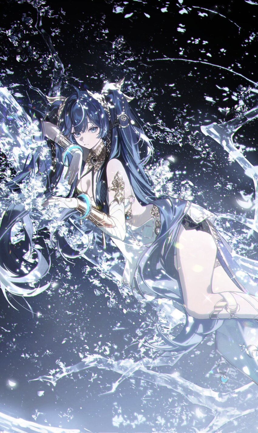 1girl, ahoge, ancient_greek_clothes, armlet, bare_shoulders, black_skirt, blue_eyes, blue_hair