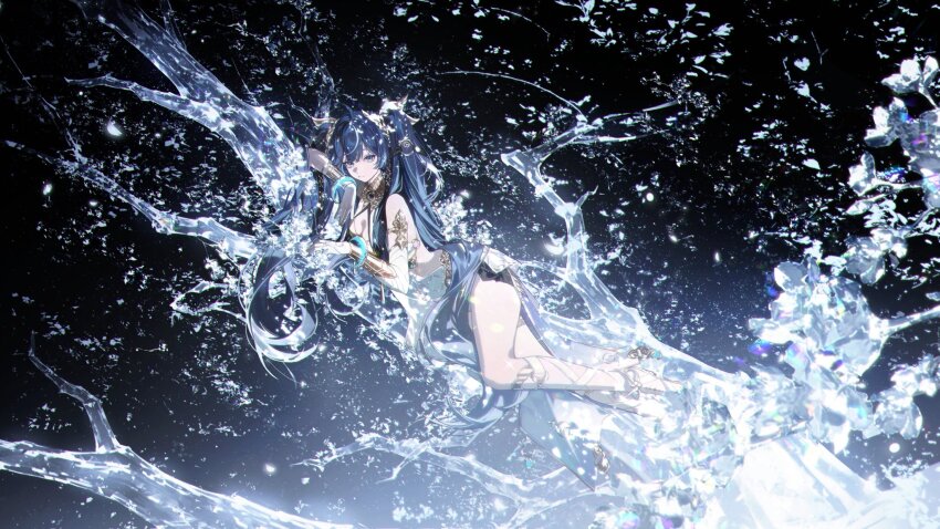 1girl, ahoge, ancient_greek_clothes, armlet, bare_shoulders, black_skirt, blue_eyes, blue_hair