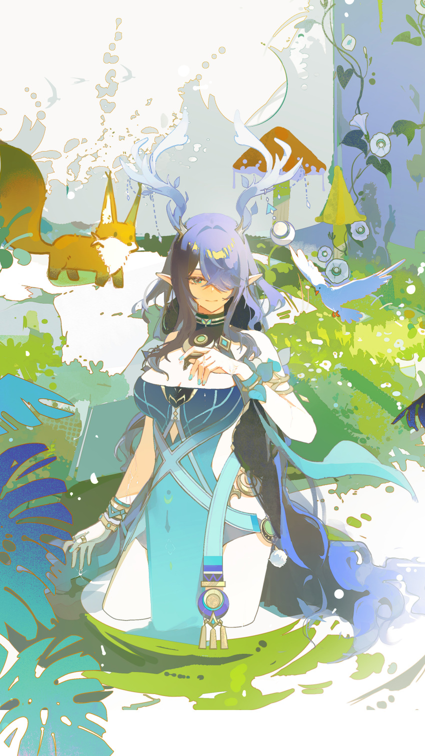 1girl, absurdres, animal, antler_ornament, antlers, aqua_dress, bare_shoulders, bird