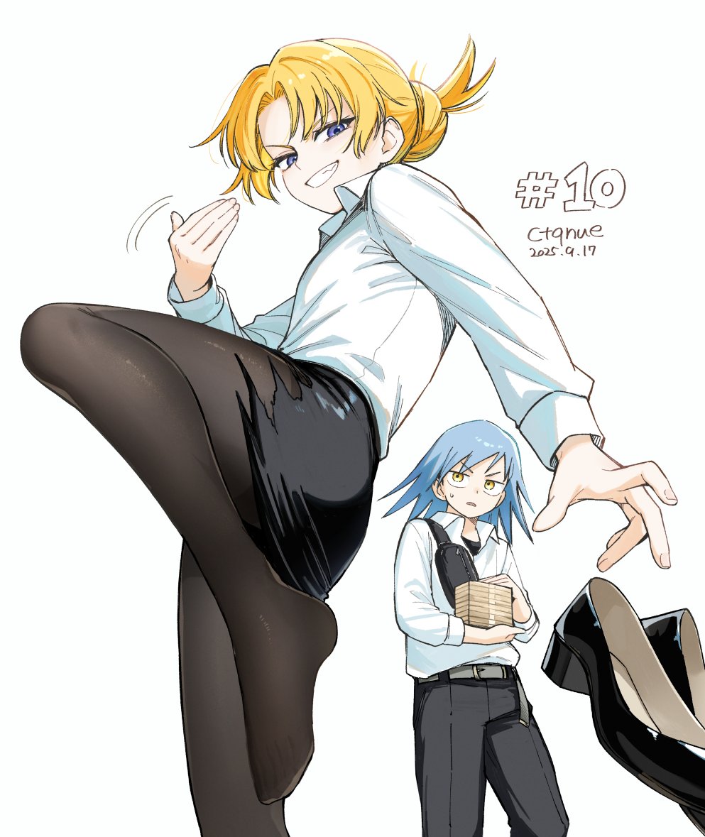 1boy, 1girl, artist_name, black_pants, black_pantyhose, black_shoes, black_skirt, blonde_hair, blue_hair, chapter_number, clenched_teeth, ctqnue, dated, hair_bun, high_heels, long_sleeves, looking_at_viewer, mikado_taira, pants, pantyhose, pencil_skirt, ping-pong_peril, pumps, purple_eyes, shirt, shoes, simple_background, skirt, standing, standing_on_one_leg, teeth, torn_clothes, torn_skirt, unworn_shoes, white_background, white_shirt, yellow_eyes