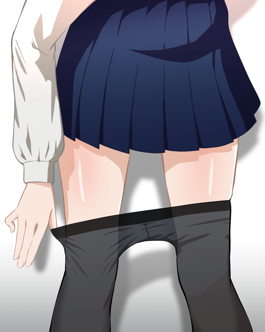 black_pantyhose, bocchi_the_rock!, close-up, clothes_pull, crotch_seam, drop_shadow, highres, jaqwatdas, leg_focus, legs, lower_body, pantyhose, pantyhose_pull, pleated_skirt, school_uniform, shadow, shirt, skindentation, skirt, white_background, white_shirt, yamada_ryo