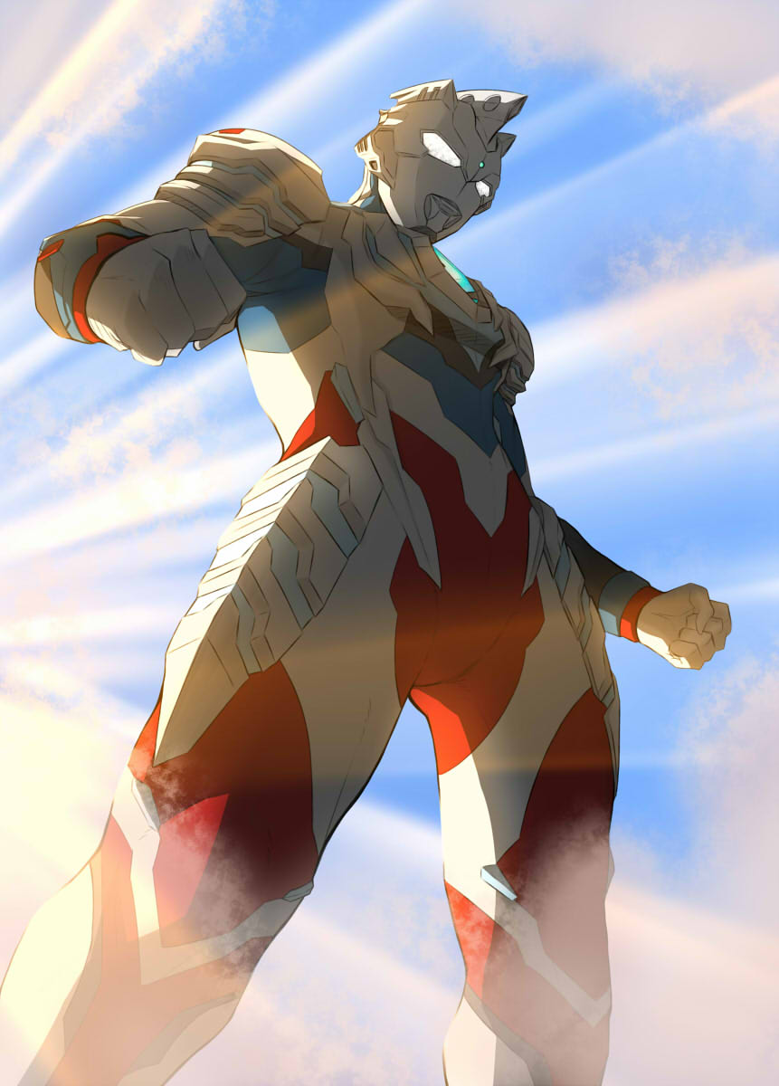 1boy, alien, armor, black_skin, blue_skin, blue_sky, breastplate, clenched_hands