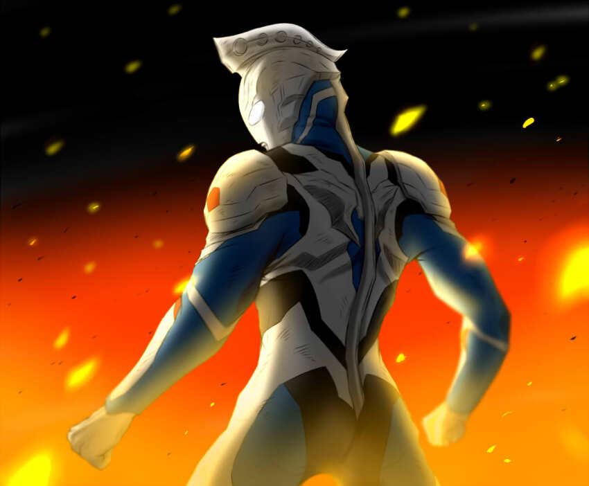 1boy, alien, armor, black_background, black_skin, blue_skin, clenched_hands, colored_skin