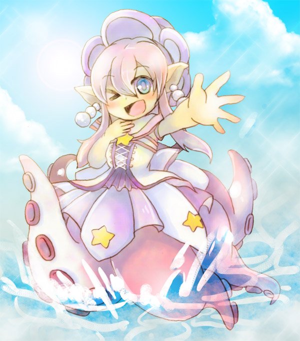 1girl, blue_eyes, blue_sky, earrings, emil_chronicle_online, hat, jewelry, karukuro