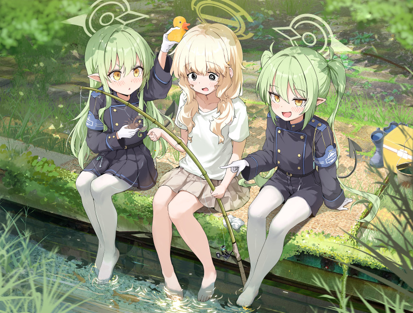 3girls, absurdres, aoba_(blue_archive), barefoot, blonde_hair, blue_archive, commentary_request, green_hair