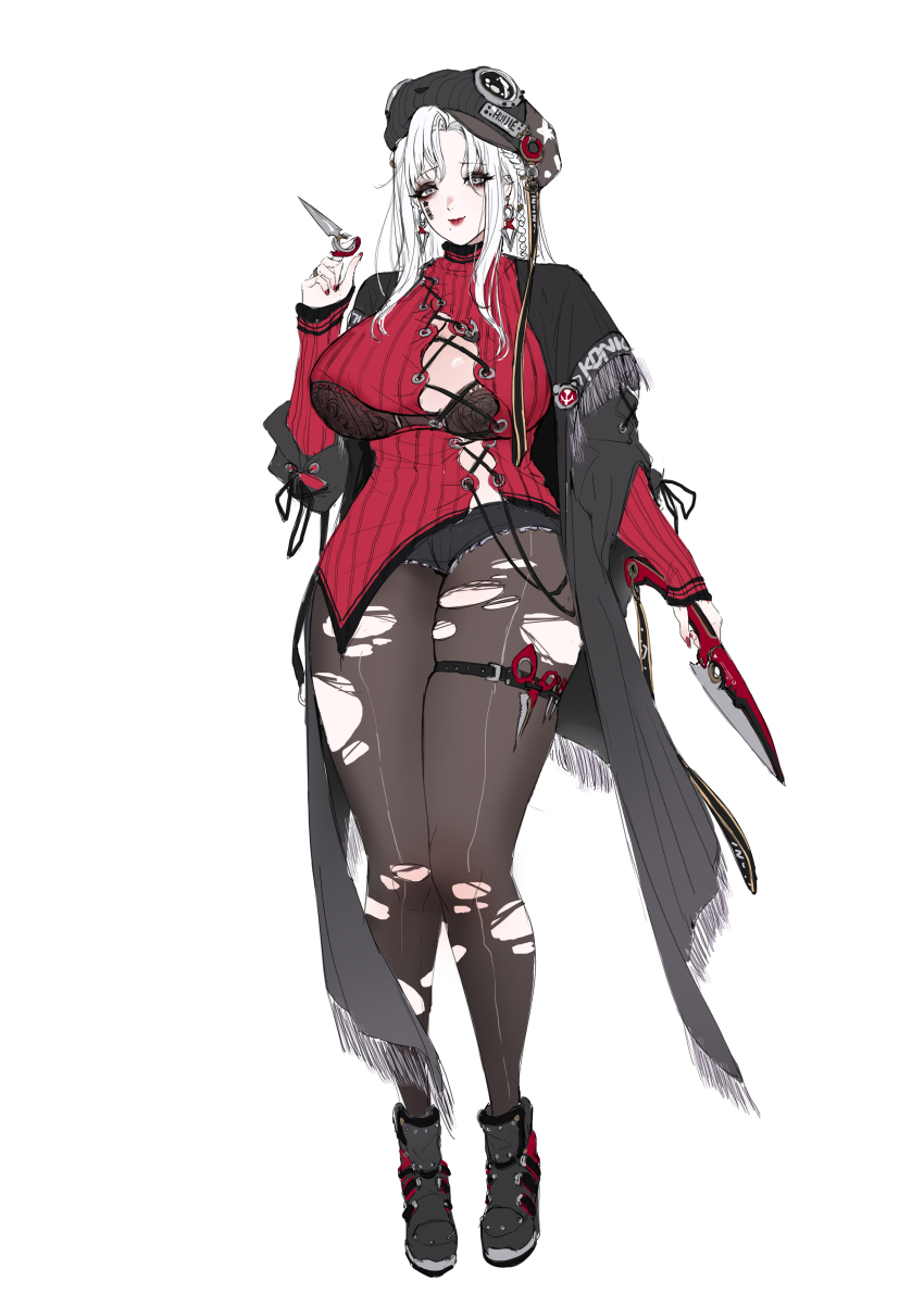 1girl, absurdres, asymmetrical_sweater, black_boots, black_bra, black_hat, black_pantyhose, black_shawl, black_shorts, boots, bra, breasts, chinese_commentary, cleavage, commentary_request, dual_wielding, full_body, hat, highres, holding, holding_knife, holding_kunai, holding_weapon, hui_z_jie, knife, kunai, large_breasts, long_sleeves, micro_shorts, original, pantyhose, red_lips, red_sweater, scissors, shawl, shorts, simple_background, sketch, skindentation, sweater, thigh_strap, torn_clothes, torn_pantyhose, underwear, weapon, white_background, white_eyes